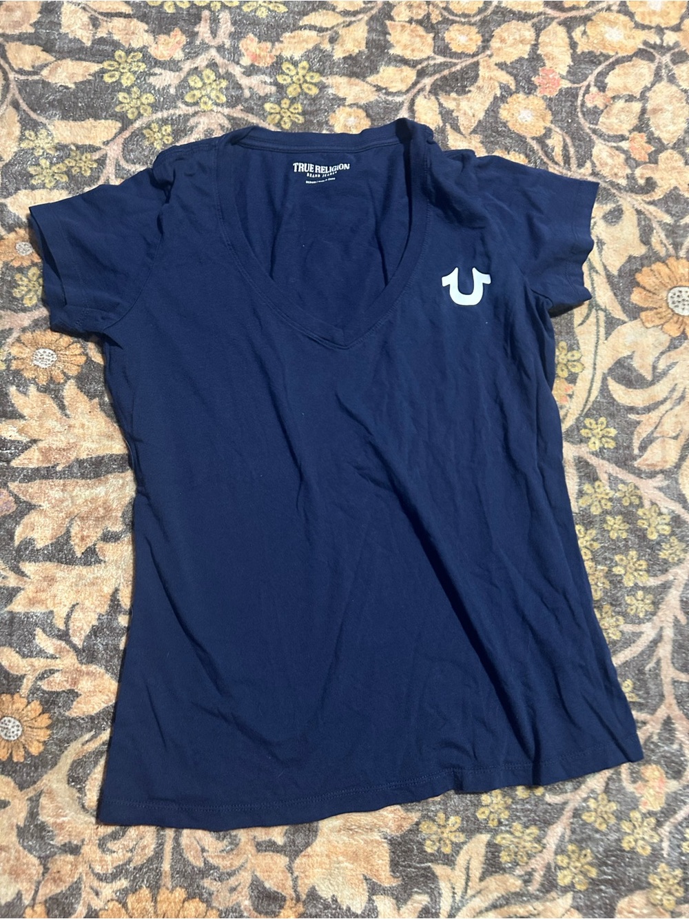 True Religion Navy V-Neck Logo Short Sleeve Tee